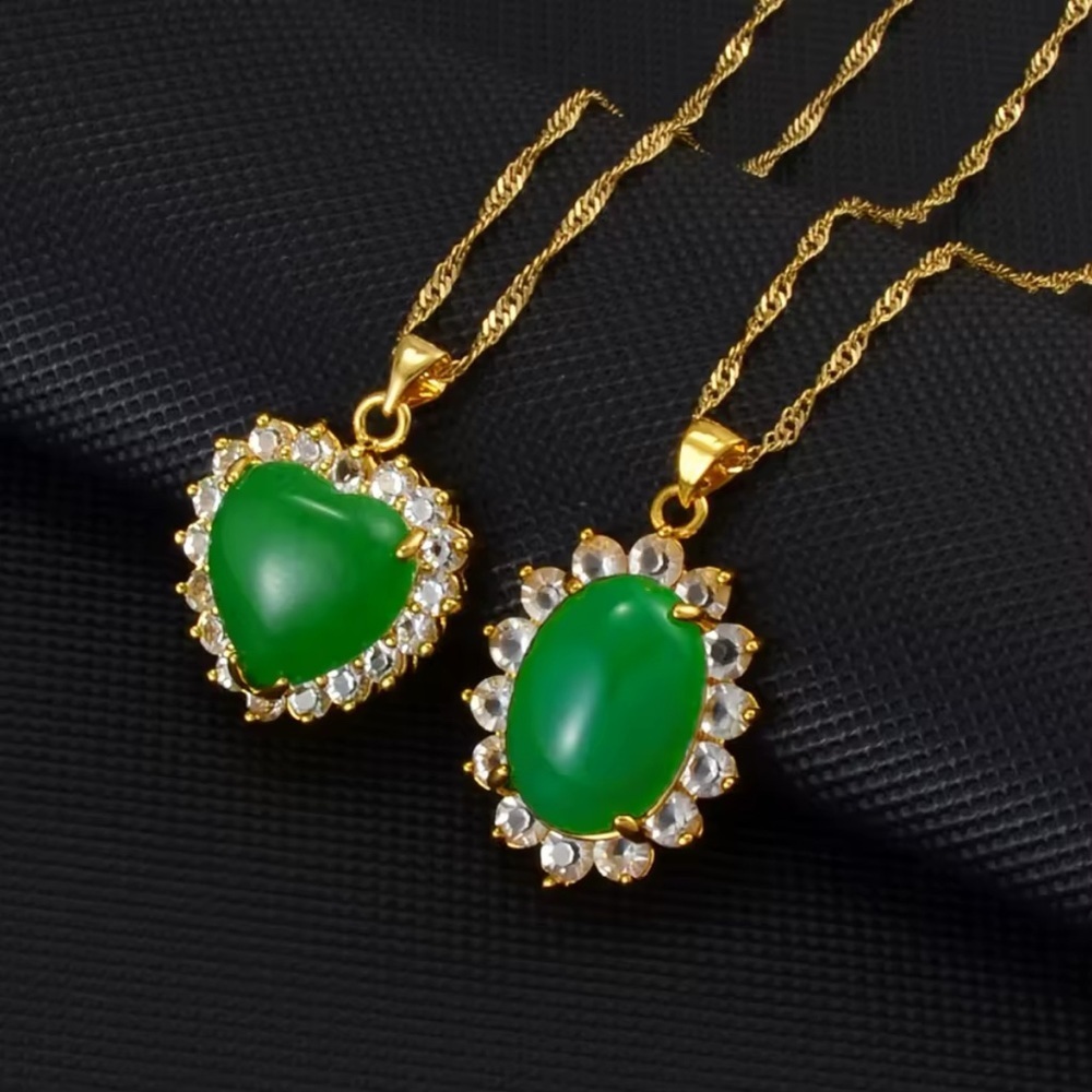 2 piece SET Gold and Green Oval Pendant Necklace